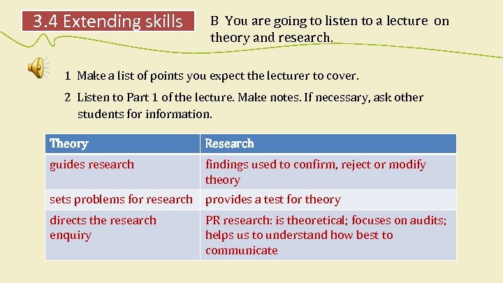 3. 4 Extending skills B You are going to listen to a lecture on