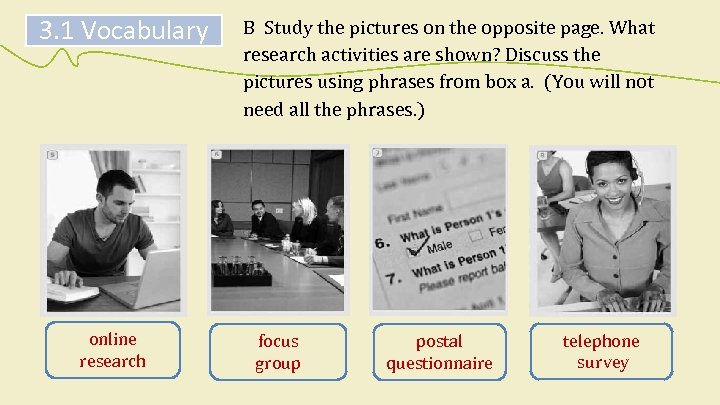 3. 1 Vocabulary online research B Study the pictures on the opposite page. What