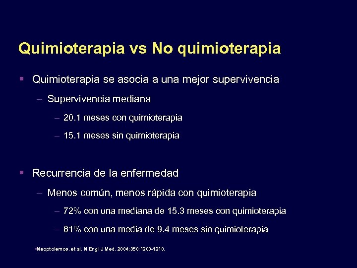 Quimioterapia vs No quimioterapia Quimioterapia se asocia a una mejor supervivencia – Supervivencia mediana