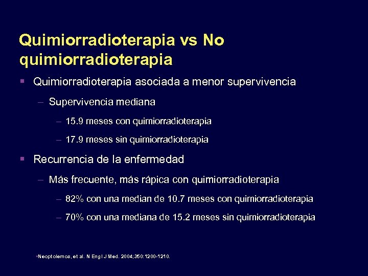 Quimiorradioterapia vs No quimiorradioterapia Quimiorradioterapia asociada a menor supervivencia – Supervivencia mediana – 15.