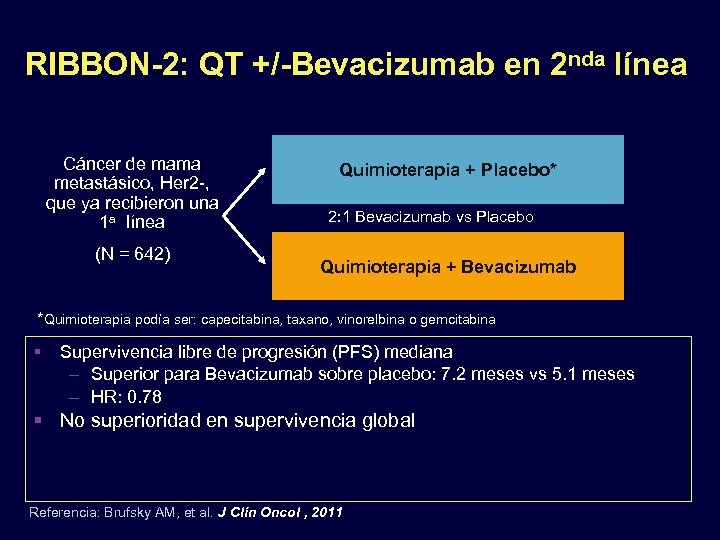 RIBBON-2: QT +/-Bevacizumab en 2 nda línea Cáncer de mama metastásico, Her 2 -,