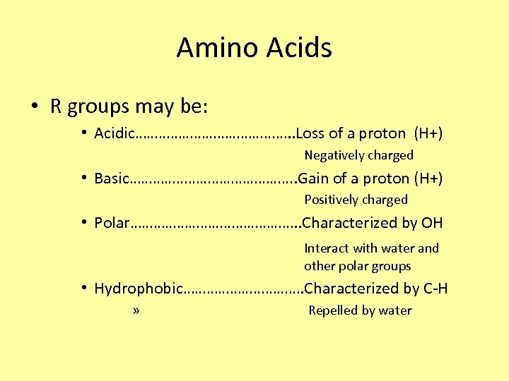 Amino Acids • R groups may be: • Acidic…………………. . Loss of a proton