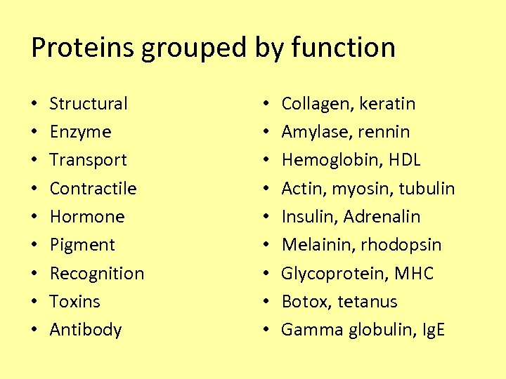 Proteins grouped by function • • • Structural Enzyme Transport Contractile Hormone Pigment Recognition