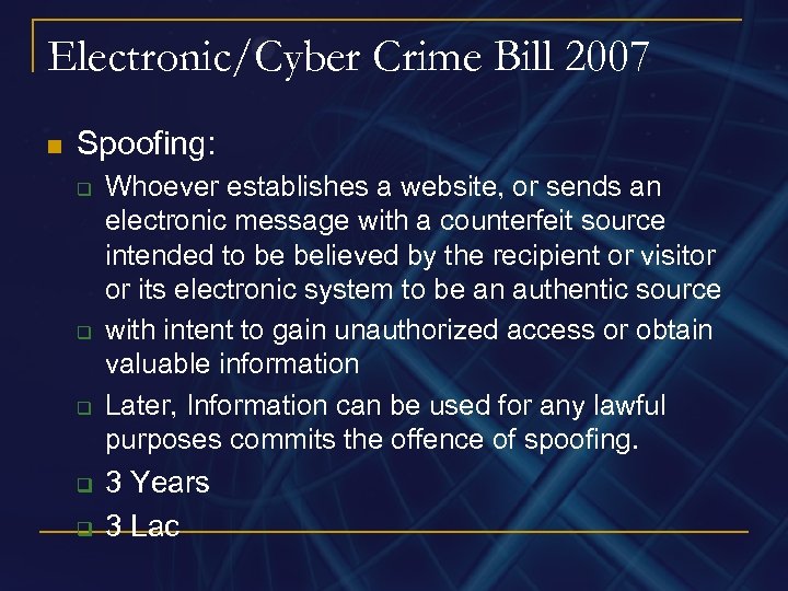 Electronic/Cyber Crime Bill 2007 n Spoofing: q q q Whoever establishes a website, or