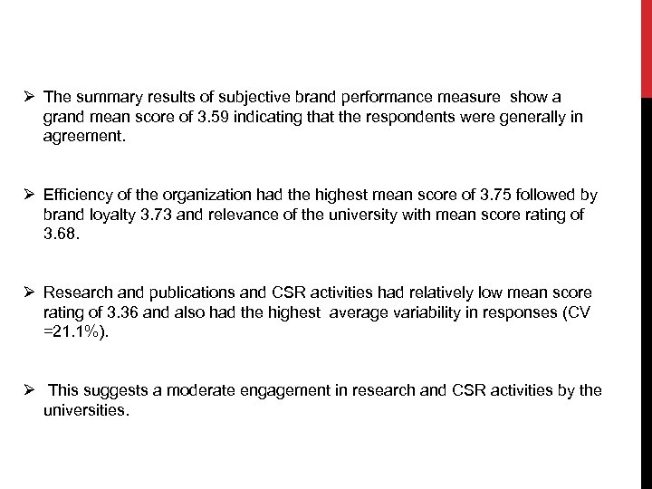 Ø The summary results of subjective brand performance measure show a grand mean score