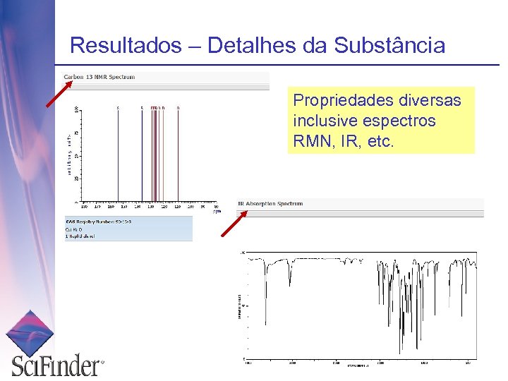 Resultados – Detalhes da Substância Propriedades diversas inclusive espectros RMN, IR, etc. 