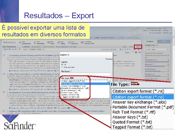 Resultados – Export É possível exportar uma lista de resultados em diversos formatos 