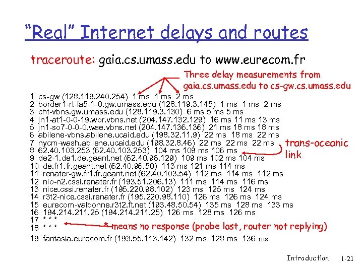 “Real” Internet delays and routes traceroute: gaia. cs. umass. edu to www. eurecom. fr