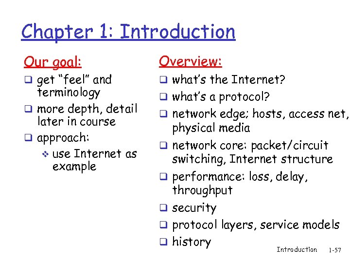 Chapter 1: Introduction Our goal: Overview: q get “feel” and q what’s the Internet?