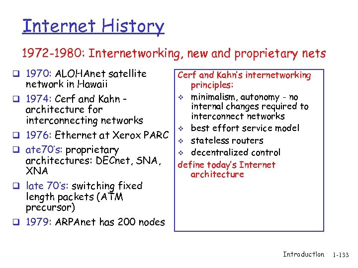 Internet History 1972 -1980: Internetworking, new and proprietary nets q 1970: ALOHAnet satellite q