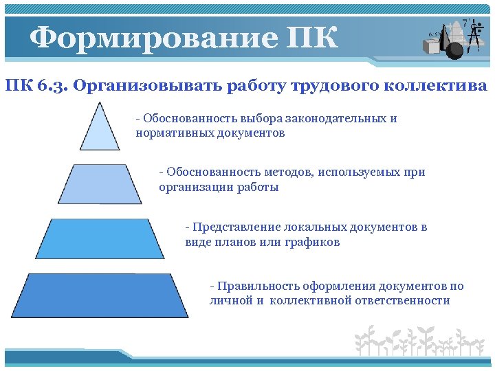 Формирование ПК ПК 6. 3. Организовывать работу трудового коллектива - Обоснованность выбора законодательных и