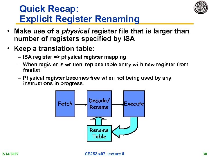 Quick Recap: Explicit Register Renaming • Make use of a physical register file that