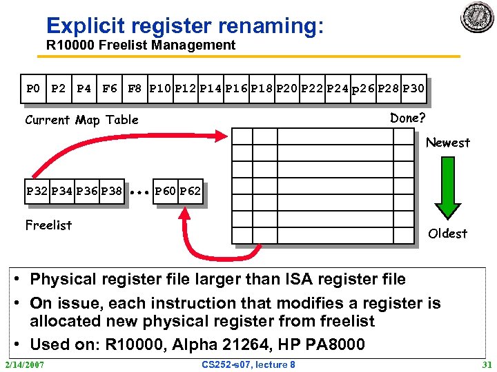 Explicit register renaming: R 10000 Freelist Management P 0 P 2 P 4 F
