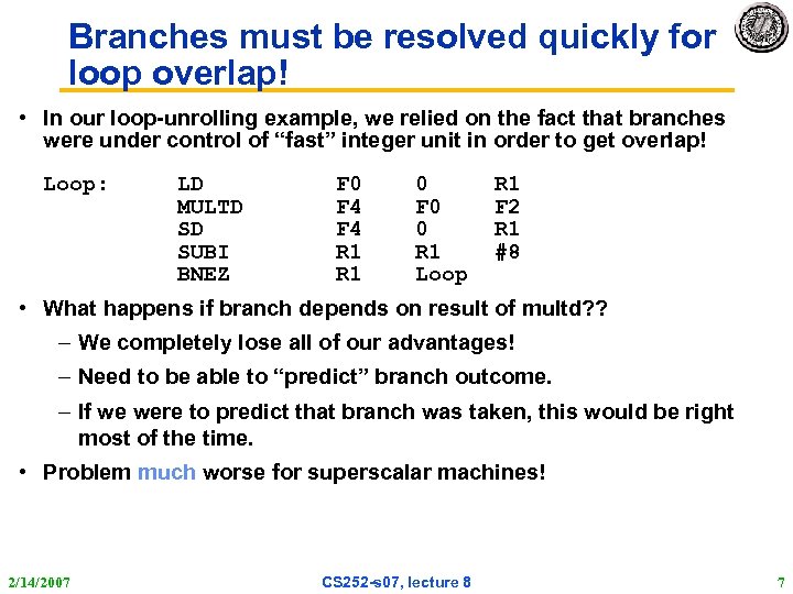 Branches must be resolved quickly for loop overlap! • In our loop-unrolling example, we