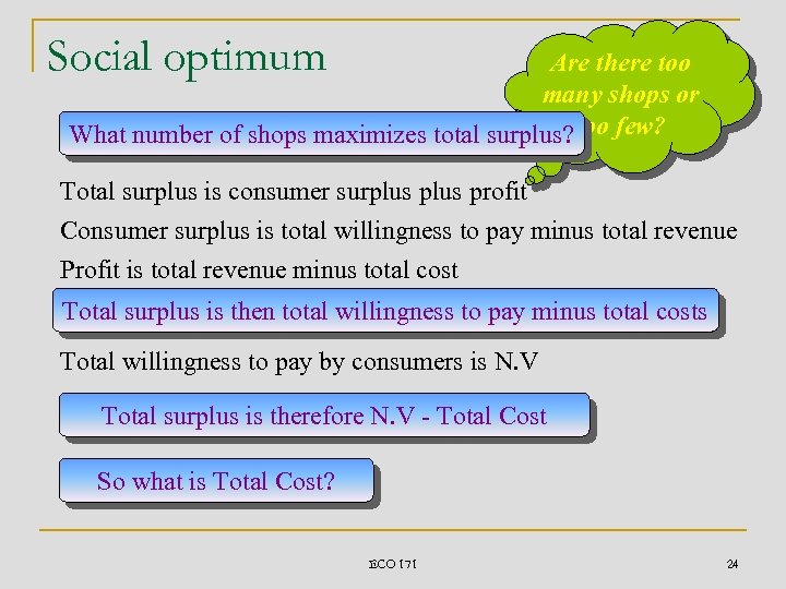 Social optimum Are there too many shops or What number of shops maximizes total