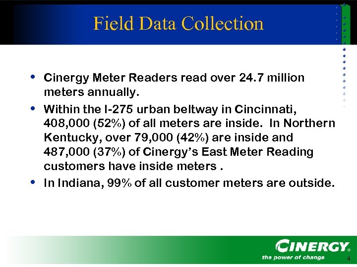 Field Data Collection • Cinergy Meter Readers read over 24. 7 million • •