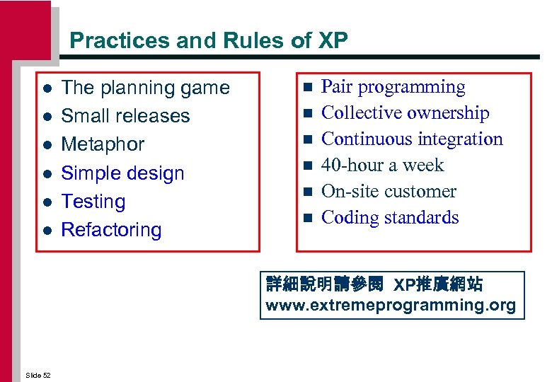 Practices and Rules of XP l l l The planning game Small releases Metaphor