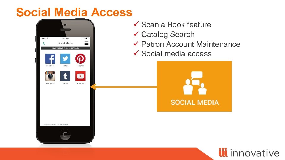Social Media Access ü Scan a Book feature ü Catalog Search ü Patron Account
