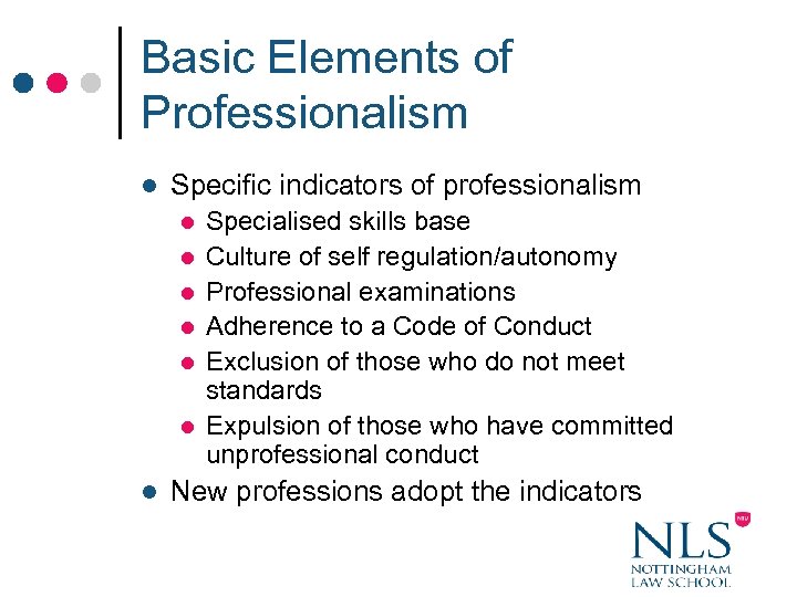 Basic Elements of Professionalism l Specific indicators of professionalism l l l l Specialised