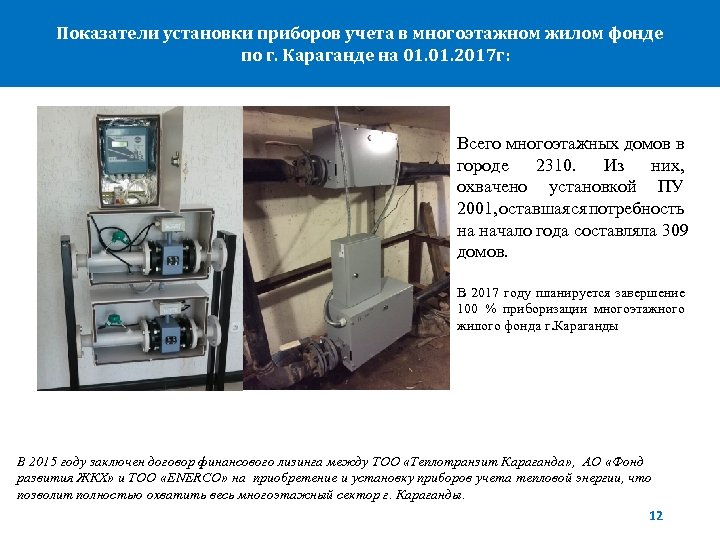 Показатели установки приборов учета в многоэтажном жилом фонде по г. Караганде на 01. 2017