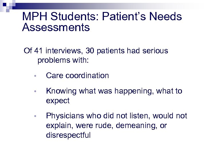MPH Students: Patient’s Needs Assessments Of 41 interviews, 30 patients had serious problems with: