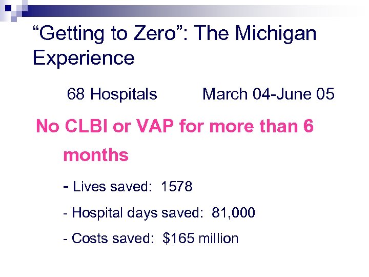 “Getting to Zero”: The Michigan Experience 68 Hospitals March 04 -June 05 No CLBI