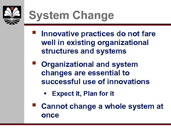 System Change § Innovative practices do not fare well in existing organizational structures and