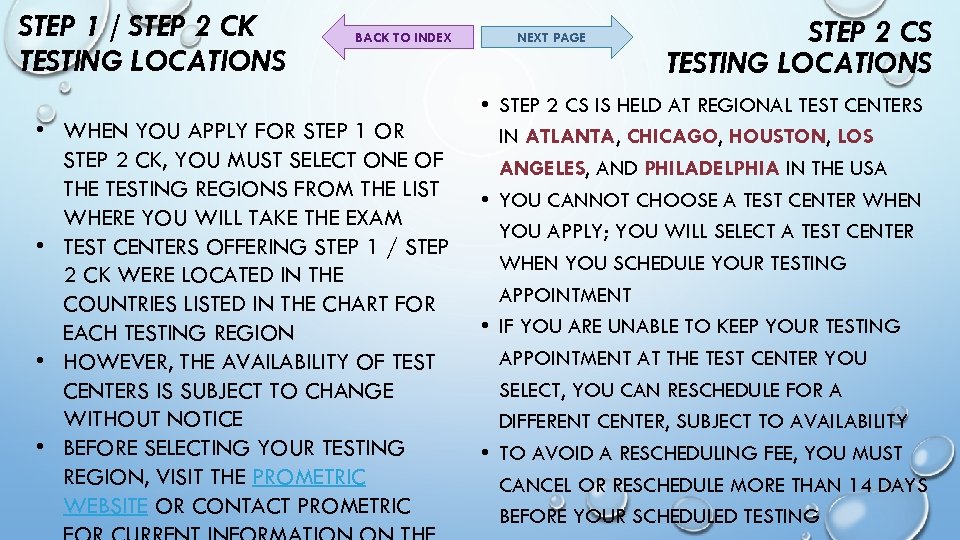 STEP 1 / STEP 2 CK TESTING LOCATIONS BACK TO INDEX • WHEN YOU