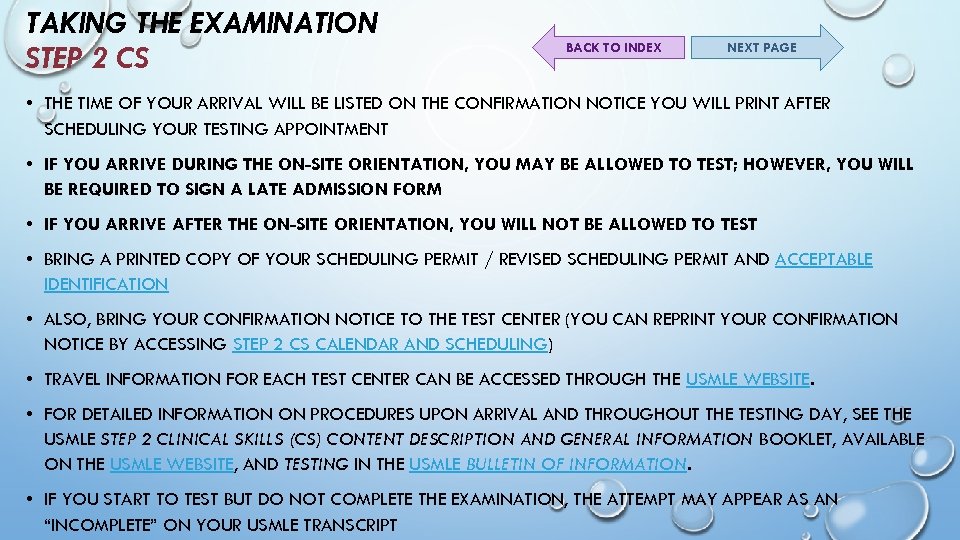 TAKING THE EXAMINATION STEP 2 CS BACK TO INDEX NEXT PAGE • THE TIME