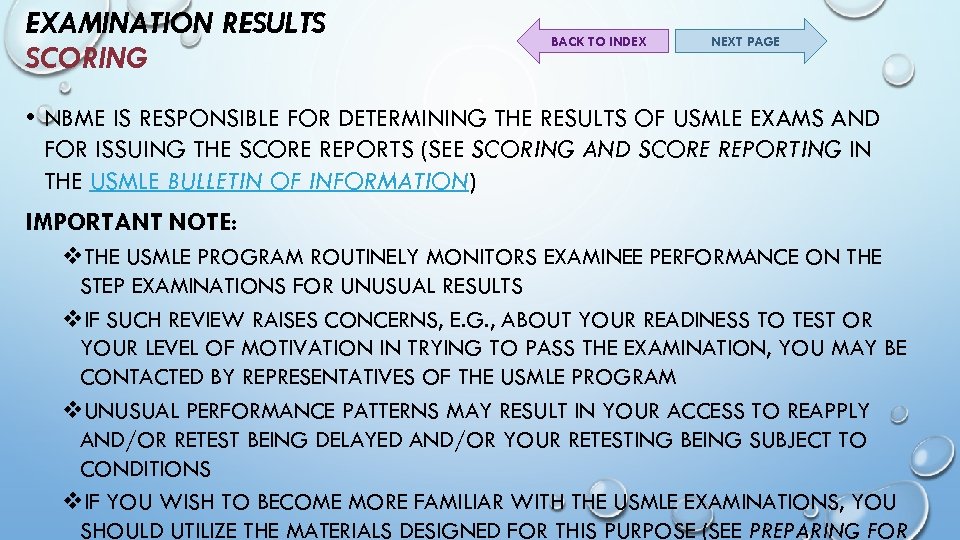 EXAMINATION RESULTS SCORING BACK TO INDEX NEXT PAGE • NBME IS RESPONSIBLE FOR DETERMINING