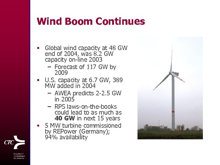 Wind Boom Continues § Global wind capacity at 48 GW end of 2004, was