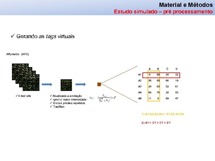 Material e Métodos Estudo simulado – pré processamento ü Gerando as tags virtuais Affymetrix