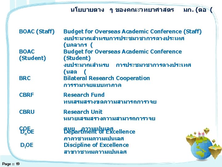 นโยบายตาง ๆ ของคณะวทยาศาสตร BOAC (Staff) BOAC (Student) BRC Budget for Overseas Academic Conference (Staff)