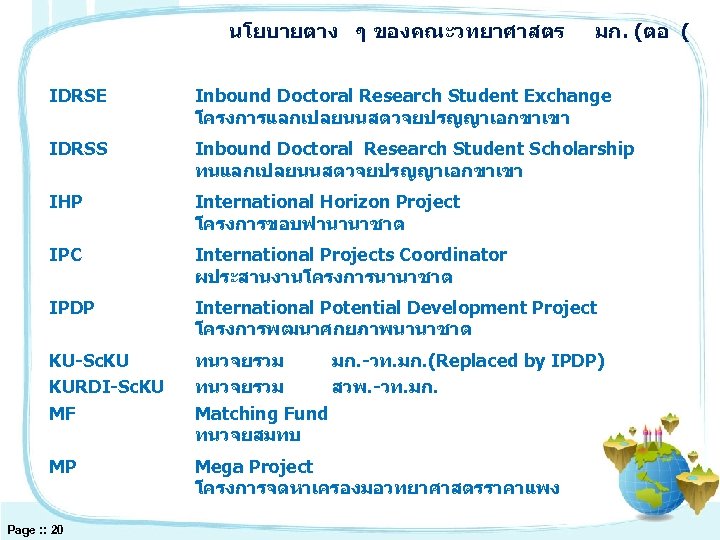 นโยบายตาง ๆ ของคณะวทยาศาสตร มก. (ตอ ( IDRSE Inbound Doctoral Research Student Exchange โครงการแลกเปลยนนสตวจยปรญญาเอกขาเขา IDRSS