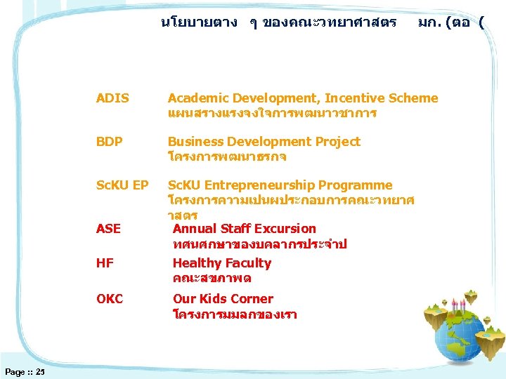 นโยบายตาง ๆ ของคณะวทยาศาสตร มก. (ตอ ( ADIS Academic Development, Incentive Scheme แผนสรางแรงจงใจการพฒนาวชาการ BDP Business