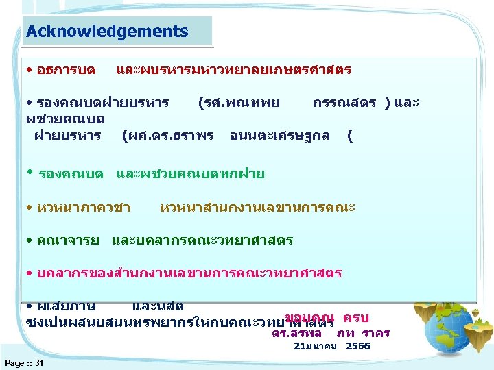 Acknowledgements • อธการบด และผบรหารมหาวทยาลยเกษตรศาสตร • รองคณบดฝายบรหาร (รศ. พณทพย กรรณสตร ) และ ผชวยคณบด ฝายบรหาร (ผศ.