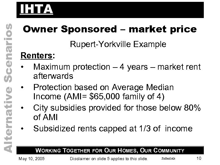 Alternative Scenarios IHTA Owner Sponsored – market price Rupert-Yorkville Example Renters: • Maximum protection
