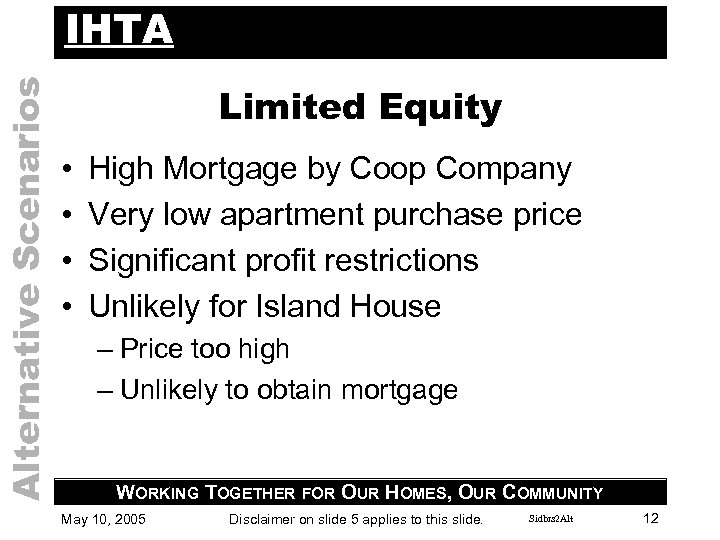 Alternative Scenarios IHTA Limited Equity • • High Mortgage by Coop Company Very low