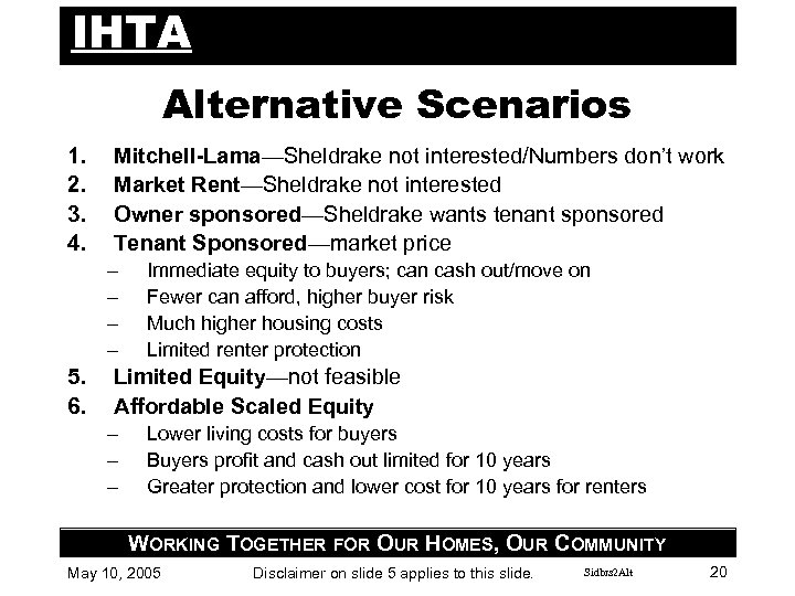 IHTA Alternative Scenarios 1. 2. 3. 4. Mitchell-Lama—Sheldrake not interested/Numbers don’t work Market Rent—Sheldrake
