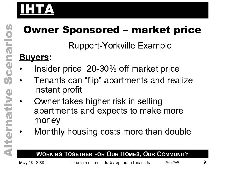 Alternative Scenarios IHTA Owner Sponsored – market price Ruppert-Yorkville Example Buyers: • Insider price