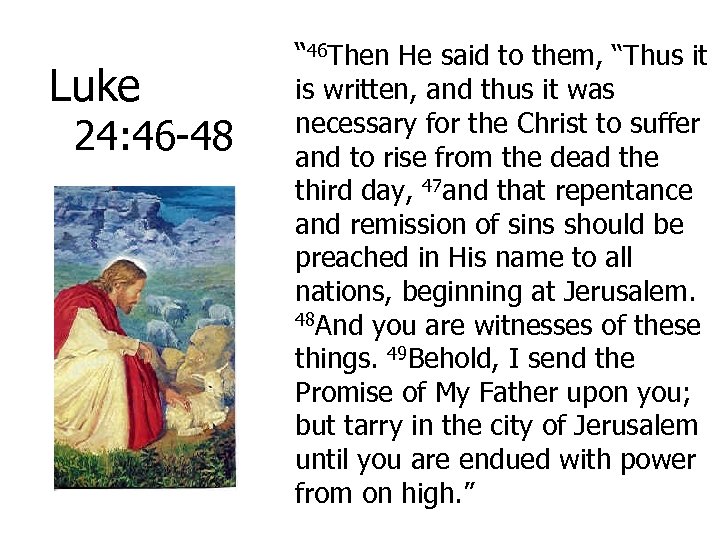 Luke 24: 46 -48 “ 46 Then He said to them, “Thus it is