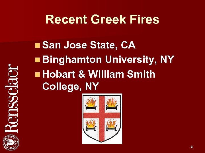 Recent Greek Fires n San Jose State, CA n Binghamton University, NY n Hobart