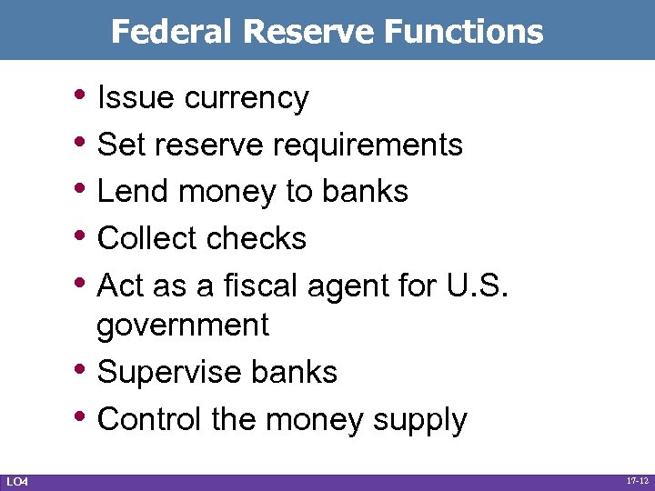 Federal Reserve Functions • Issue currency • Set reserve requirements • Lend money to
