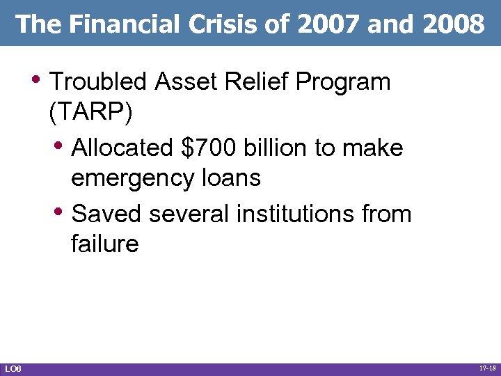 The Financial Crisis of 2007 and 2008 • Troubled Asset Relief Program (TARP) •