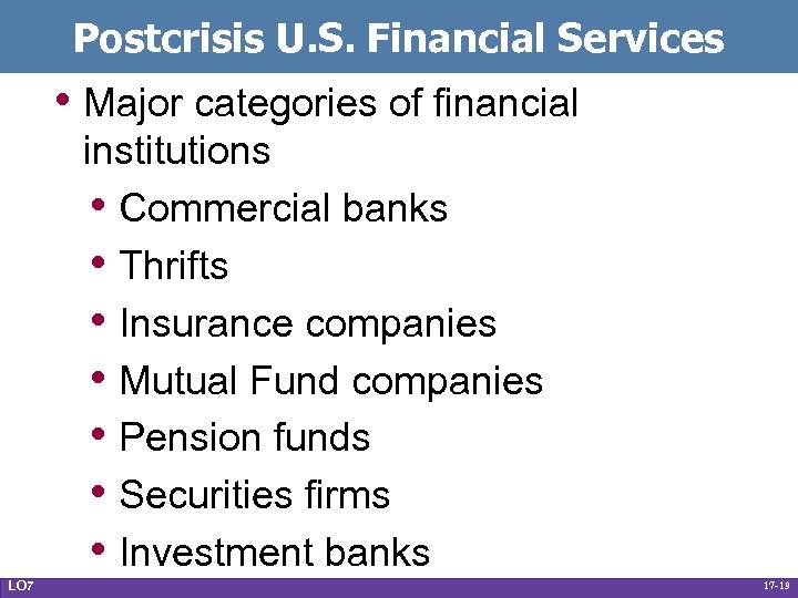 Postcrisis U. S. Financial Services • Major categories of financial institutions • Commercial banks