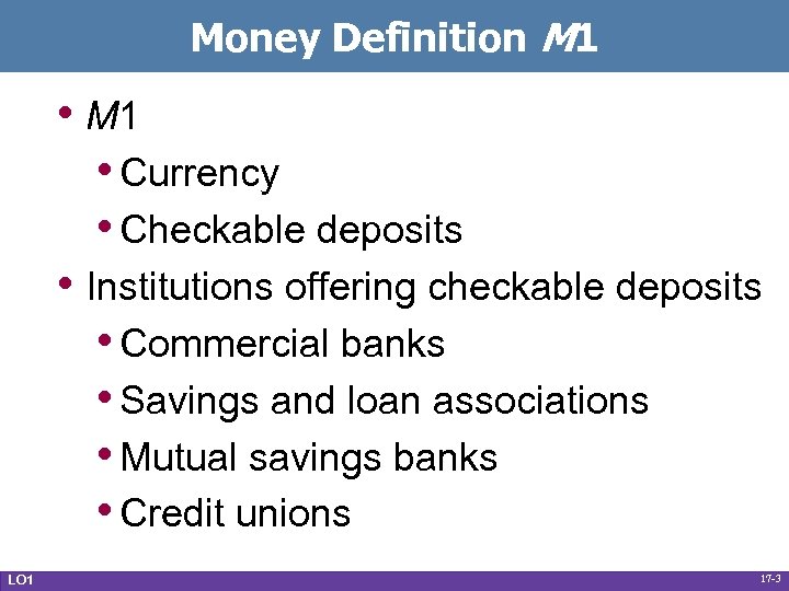 Money Definition M 1 • M 1 • Currency • Checkable deposits • Institutions