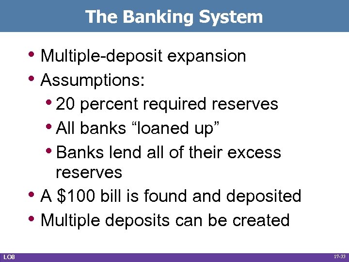 The Banking System • Multiple-deposit expansion • Assumptions: • 20 percent required reserves •