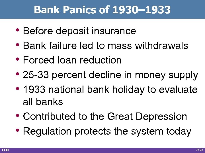 Bank Panics of 1930– 1933 • Before deposit insurance • Bank failure led to