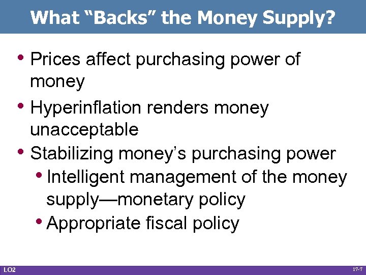 What “Backs” the Money Supply? • Prices affect purchasing power of • • LO