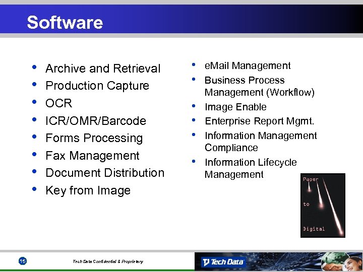 Software • • 15 Archive and Retrieval Production Capture OCR ICR/OMR/Barcode Forms Processing Fax